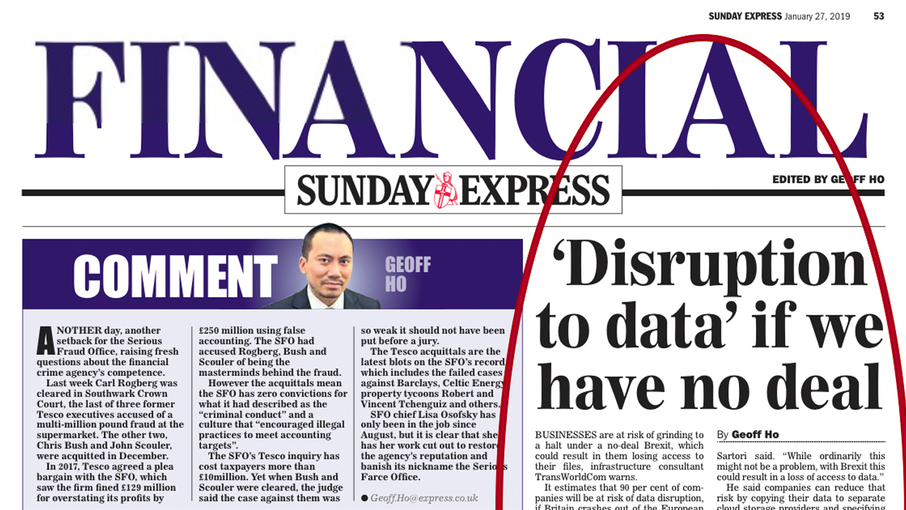 Sunday Express: ‘Disruption to data’ if we have no deal.